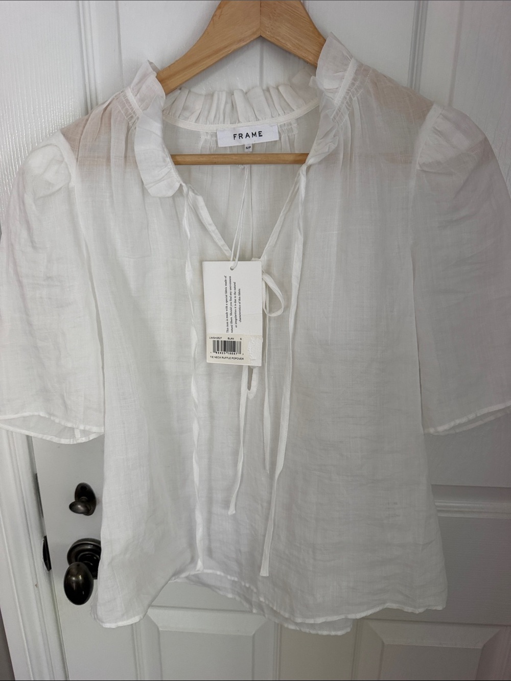 NWT Frame White Tie Neck Ruffle Popover Blouse